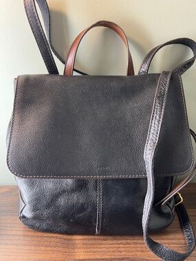 Fossil Claire Black Leather Backpack with Brown Top Handle